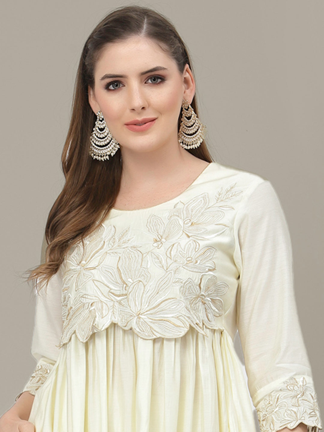 Cream Floral Resham Cut Work Embroidered Gathered Kurta,Trouser Set