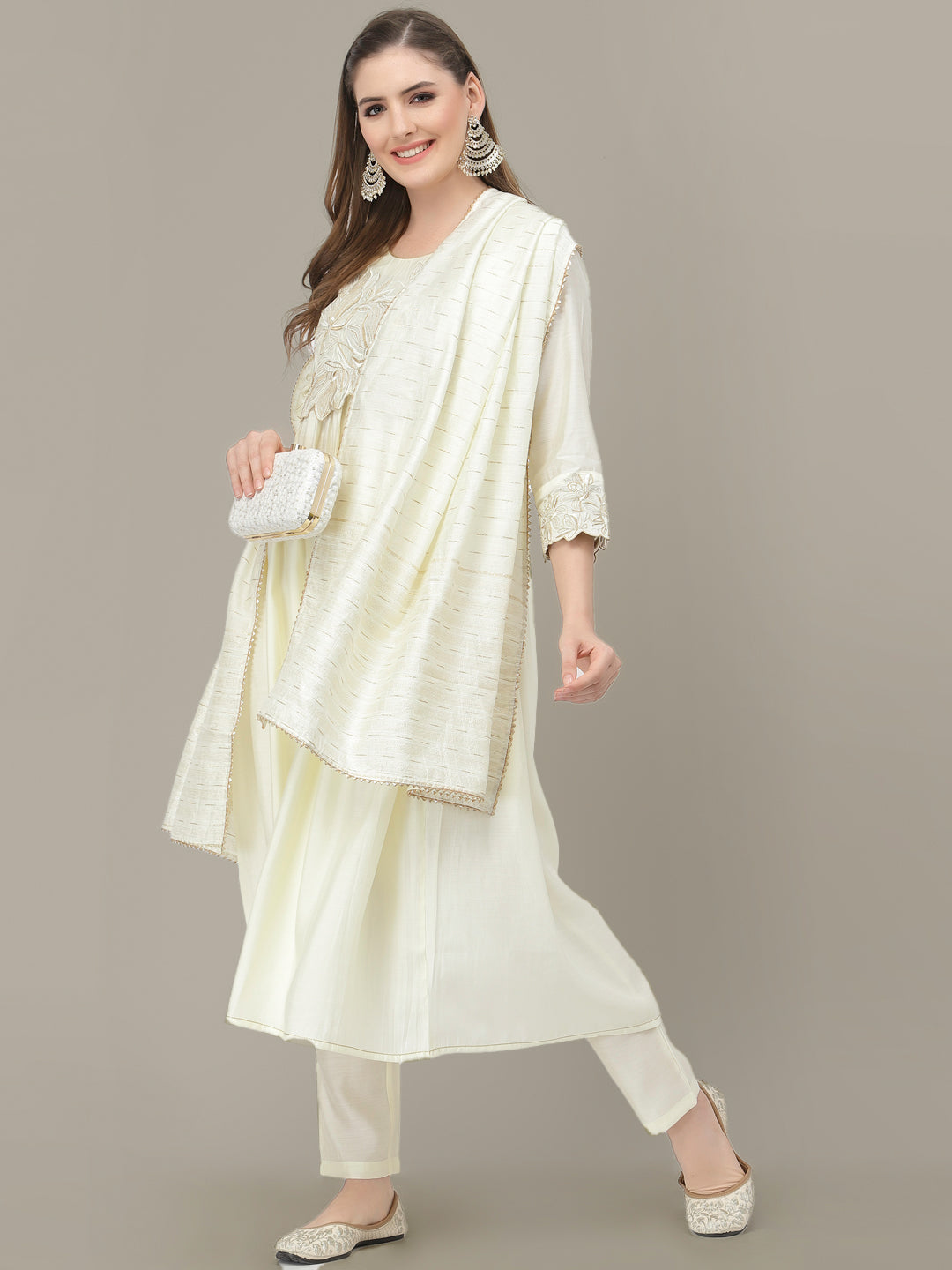 Cream Floral Resham Cut Work Embroidered Gathered Kurta,Trouser Set