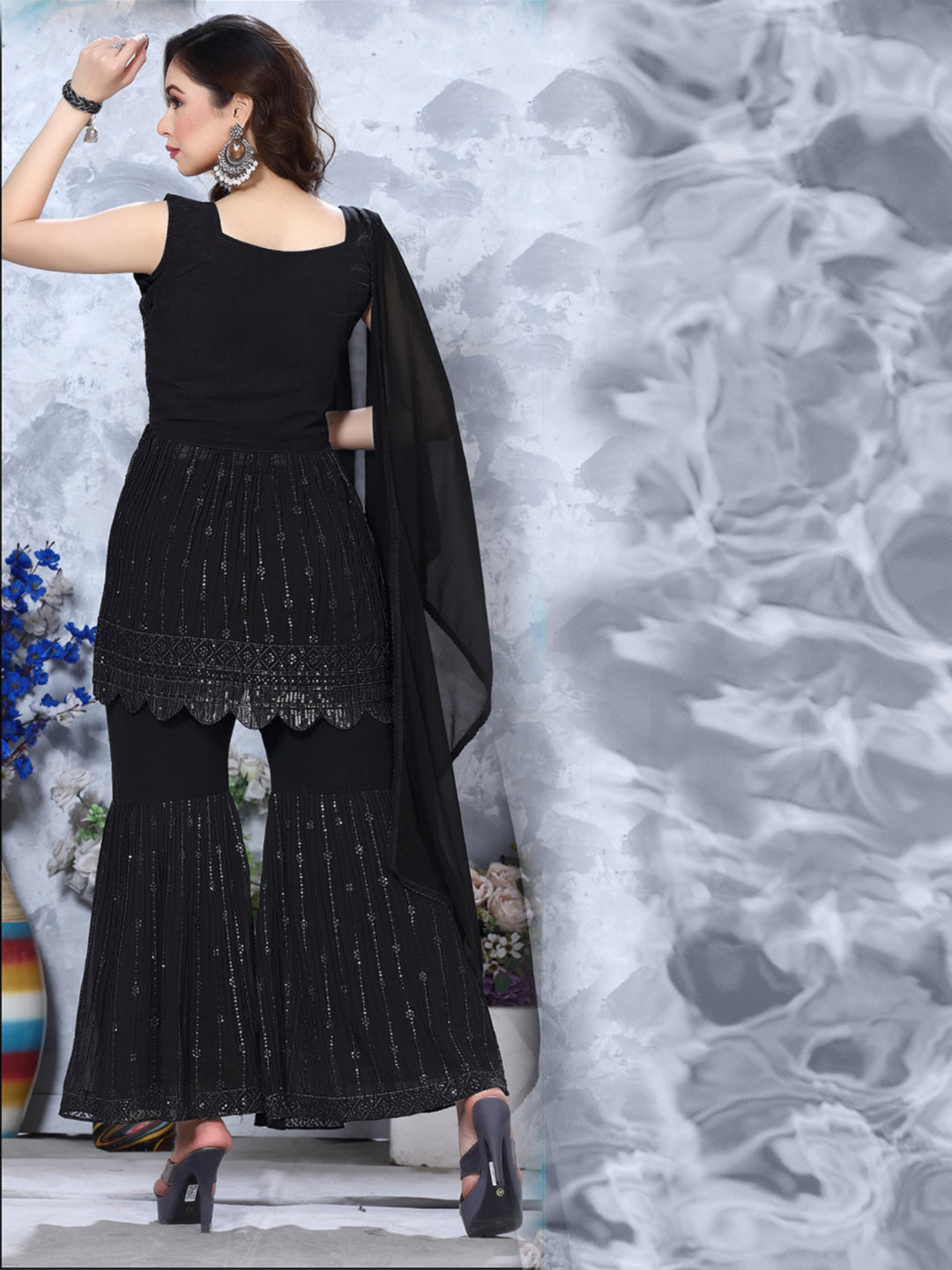 Bling Sequinned Peplum Kurta Sharara Set with Resham Zari Embroidery
