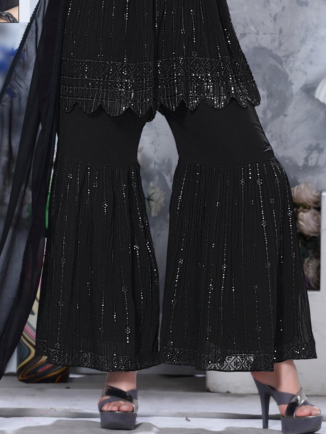 Bling Sequinned Peplum Kurta Sharara Set with Resham Zari Embroidery