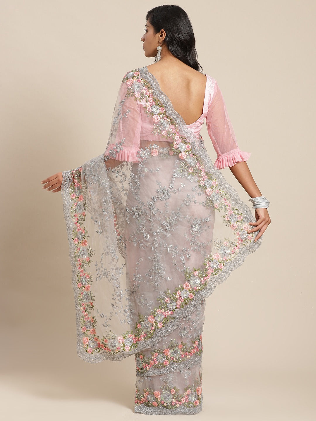 Grey Net Resham Embroidered Saree with Scalloped Zari border