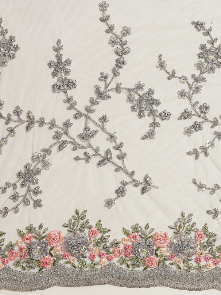 Grey Net Resham Embroidered Saree with Scalloped Zari border