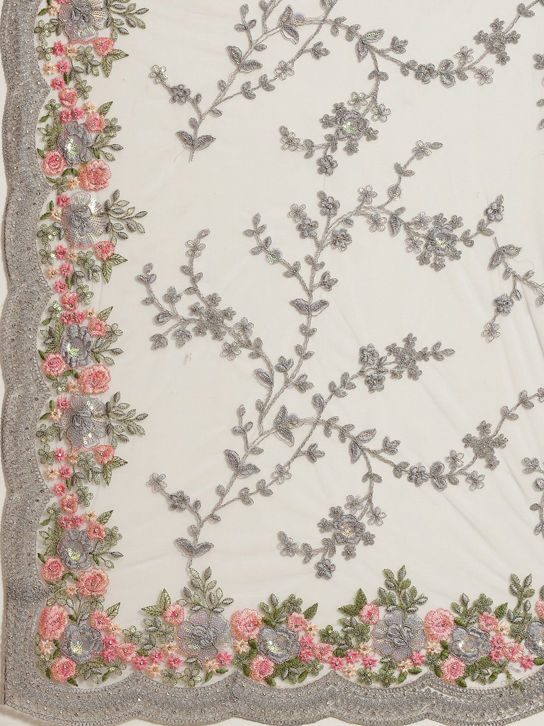 Grey Net Resham Embroidered Saree with Scalloped Zari border