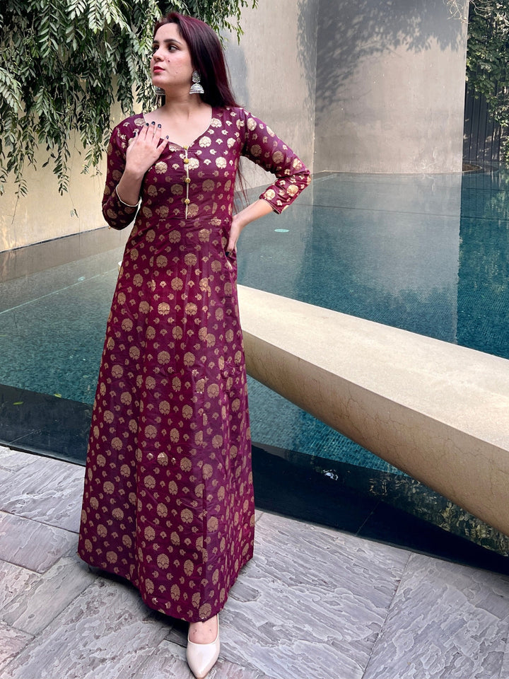 Burgundy Banarasi Brocade Anarkali Gown with Golden Crystal Buttons