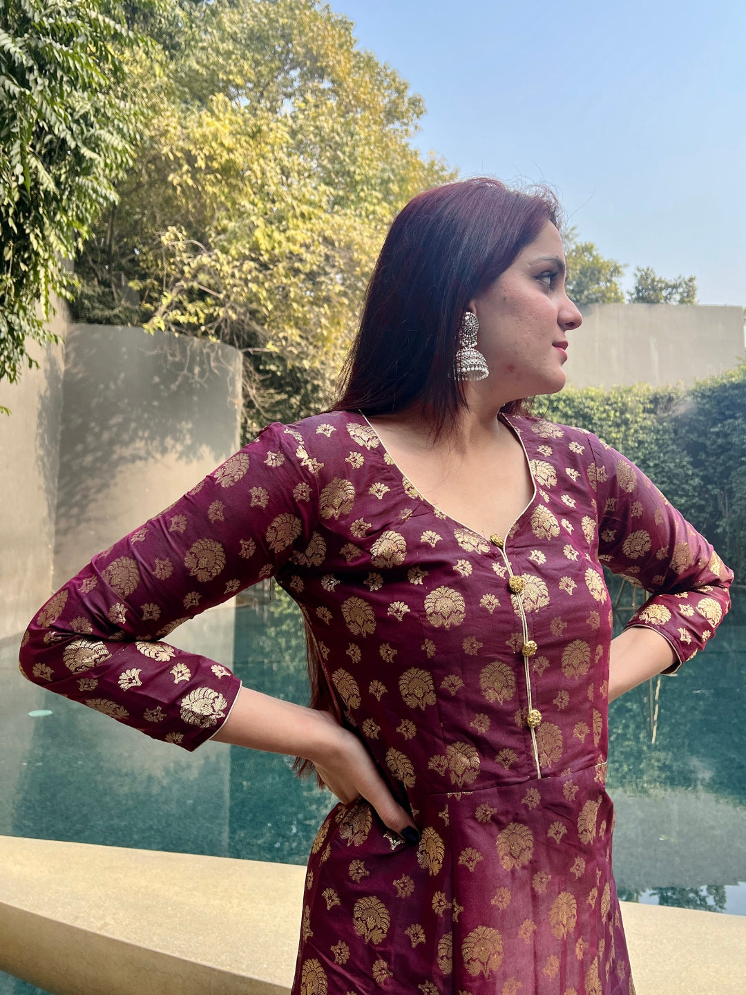 Burgundy Banarasi Brocade Anarkali Gown with Golden Crystal Buttons