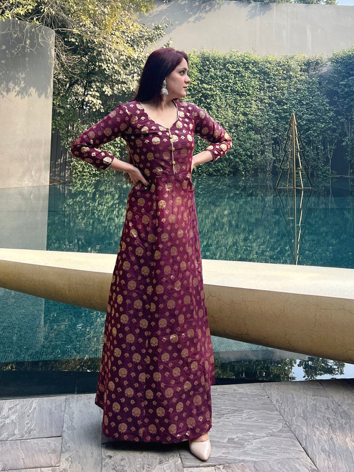 Burgundy Banarasi Brocade Anarkali Gown with Golden Crystal Buttons