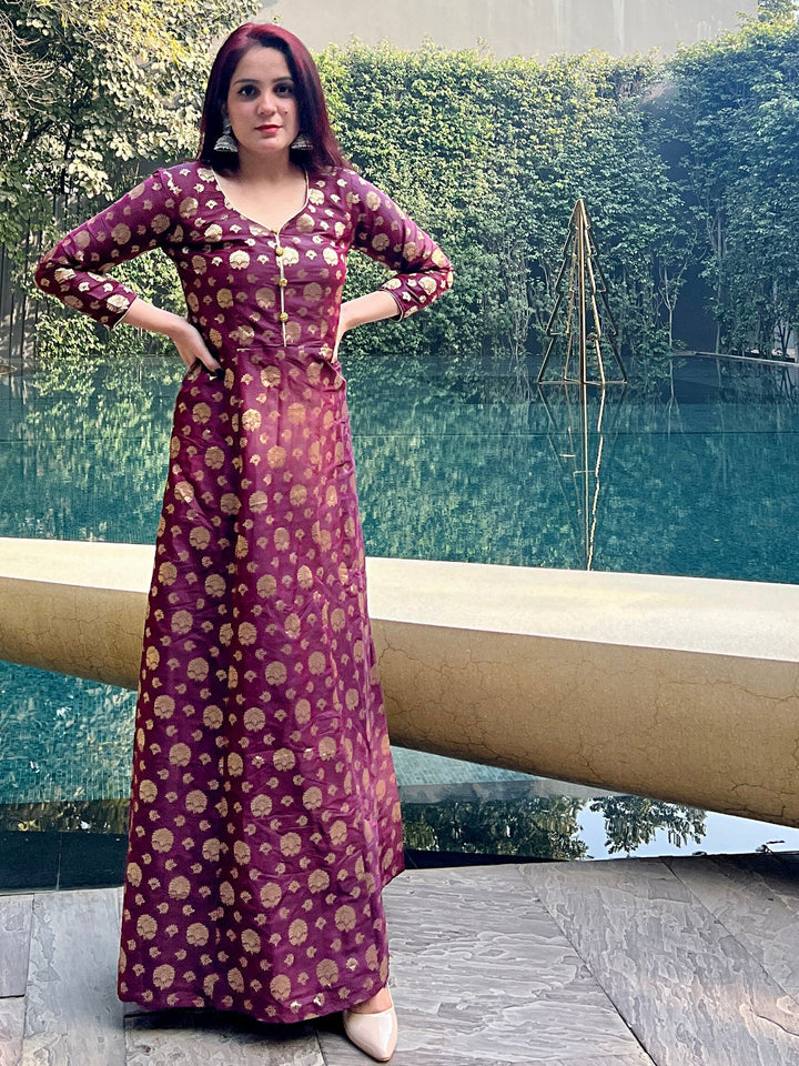Burgundy Banarasi Brocade Anarkali Gown with Golden Crystal Buttons