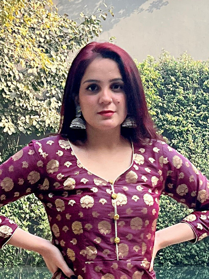 Burgundy Banarasi Brocade Anarkali Gown with Golden Crystal Buttons