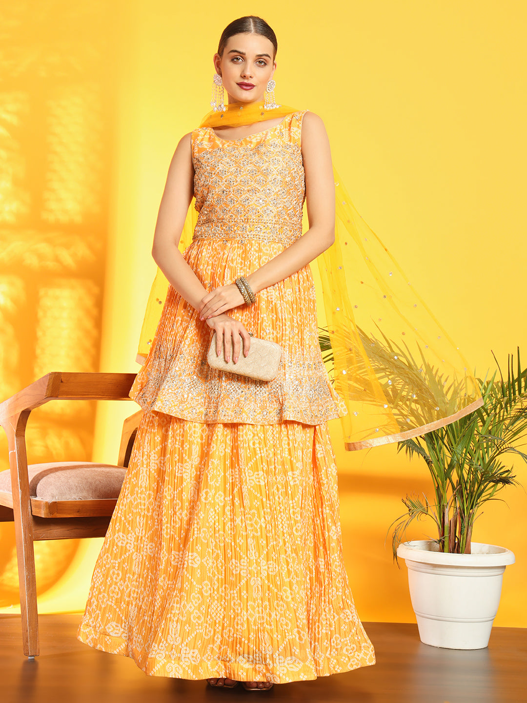 Chhabra 555 Haldi Yellow Bandhani Print Lehenga with Peplum Embroidered Kurta & Sequinned Dupatta