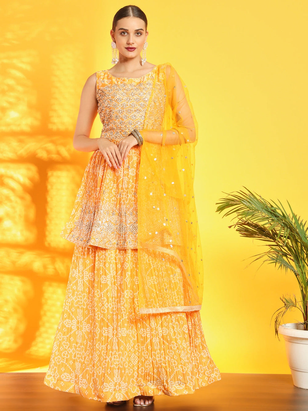 Chhabra 555 Haldi Yellow Bandhani Print Lehenga with Peplum Embroidered Kurta & Sequinned Dupatta
