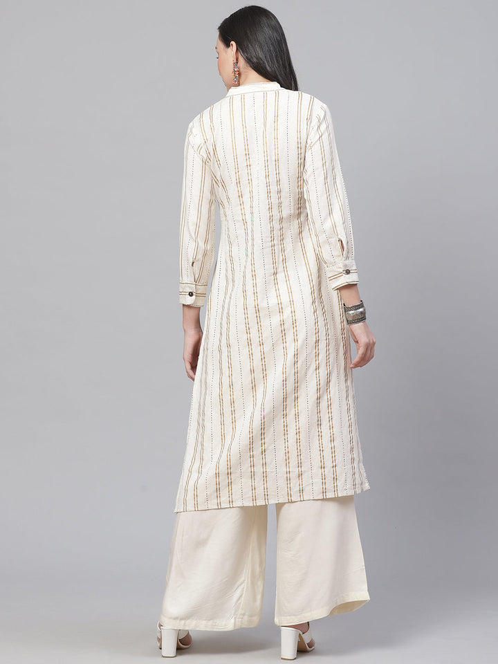 Hand Painted Jute Cotton Kurta Pallazo Set with Stylised Sleeve and striped pattern