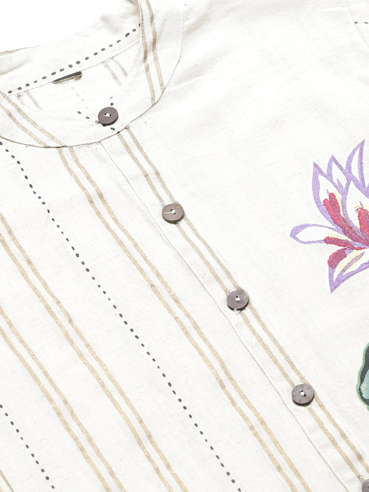 Hand Painted Jute Cotton Kurta Pallazo Set with Stylised Sleeve and striped pattern