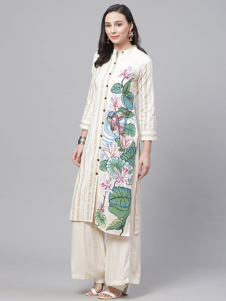 Hand Painted Jute Cotton Kurta Pallazo Set with Stylised Sleeve and striped pattern