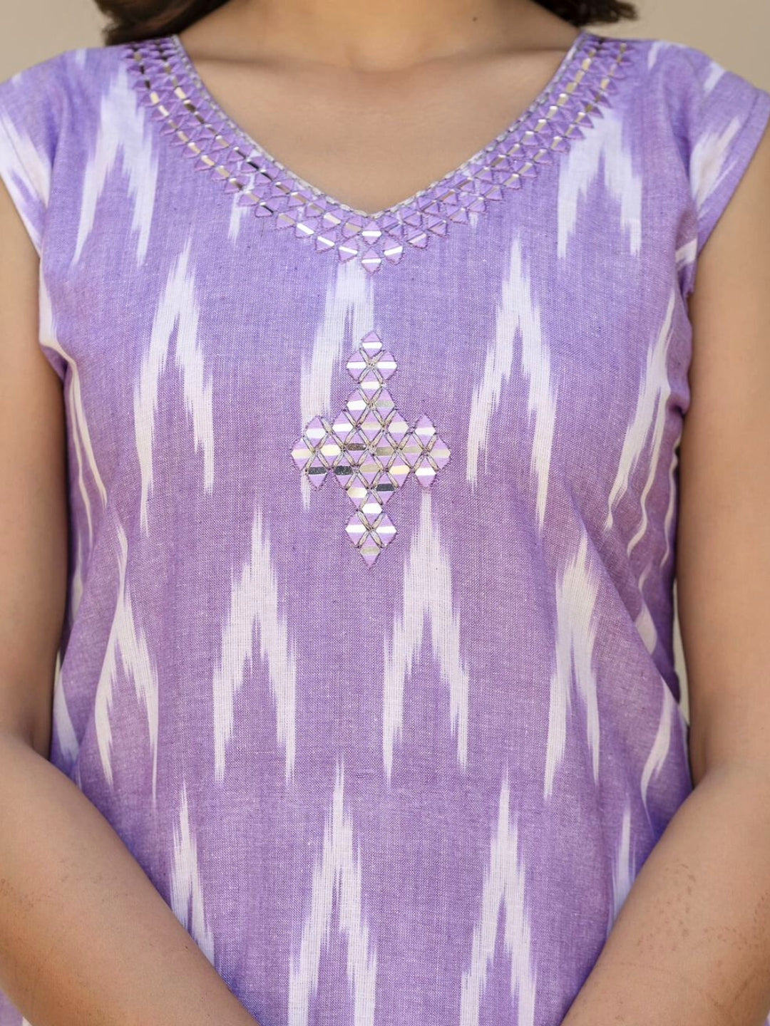 Bhagalpuri Cotton Mirror Embellished Kurta Set with Ikat Chevron Pattern Print