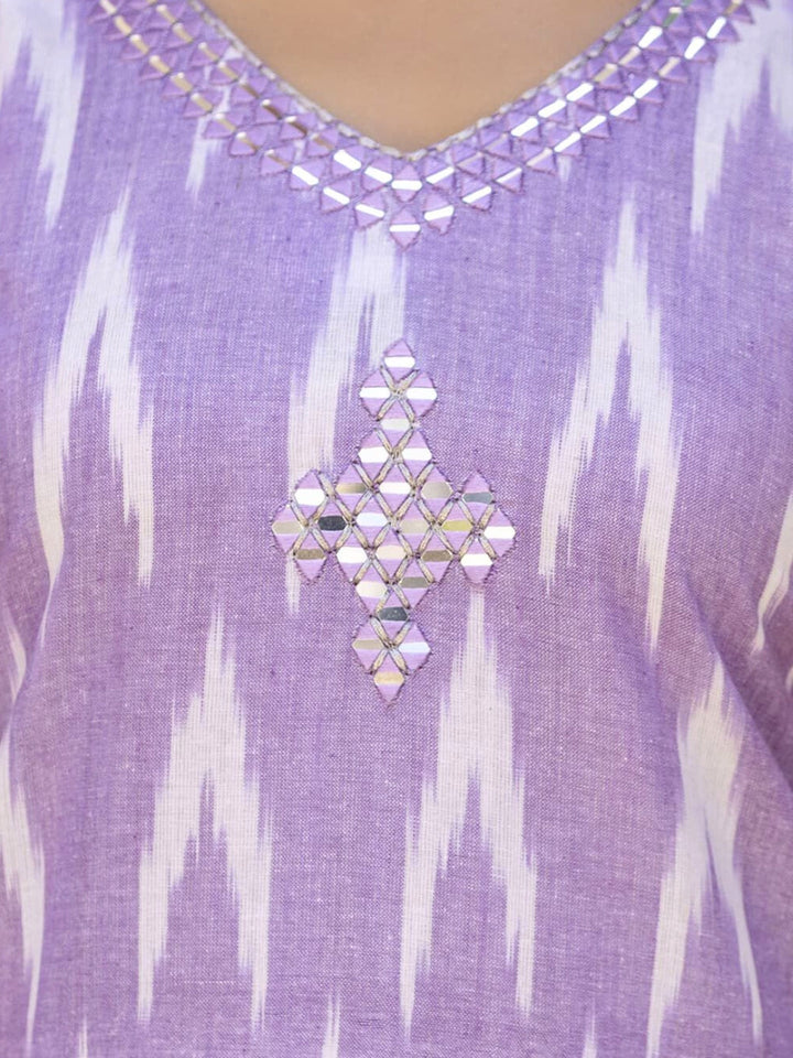Bhagalpuri Cotton Mirror Embellished Kurta Set with Ikat Chevron Pattern Print