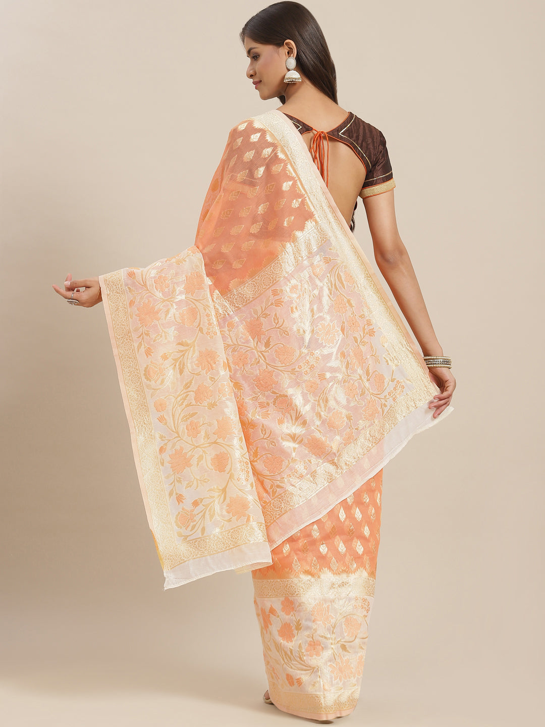 Orange & White Embellished Cotton Silk Traditional Brocade Saree