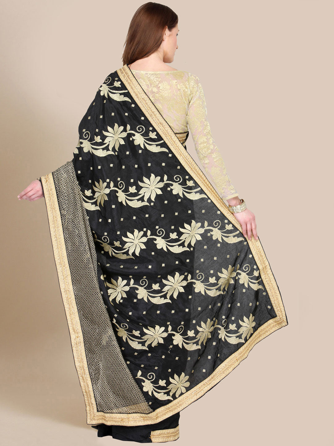 Black & Gold Embroidered Art Silk Party Wear Saree