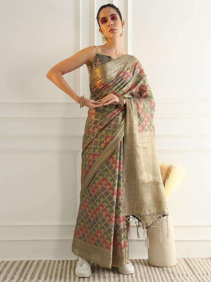 Banarasi Chanderi Saree with Multi Color Ombre style Resham Motifs