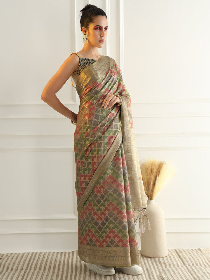 Banarasi Chanderi Saree with Multi Color Ombre style Resham Motifs