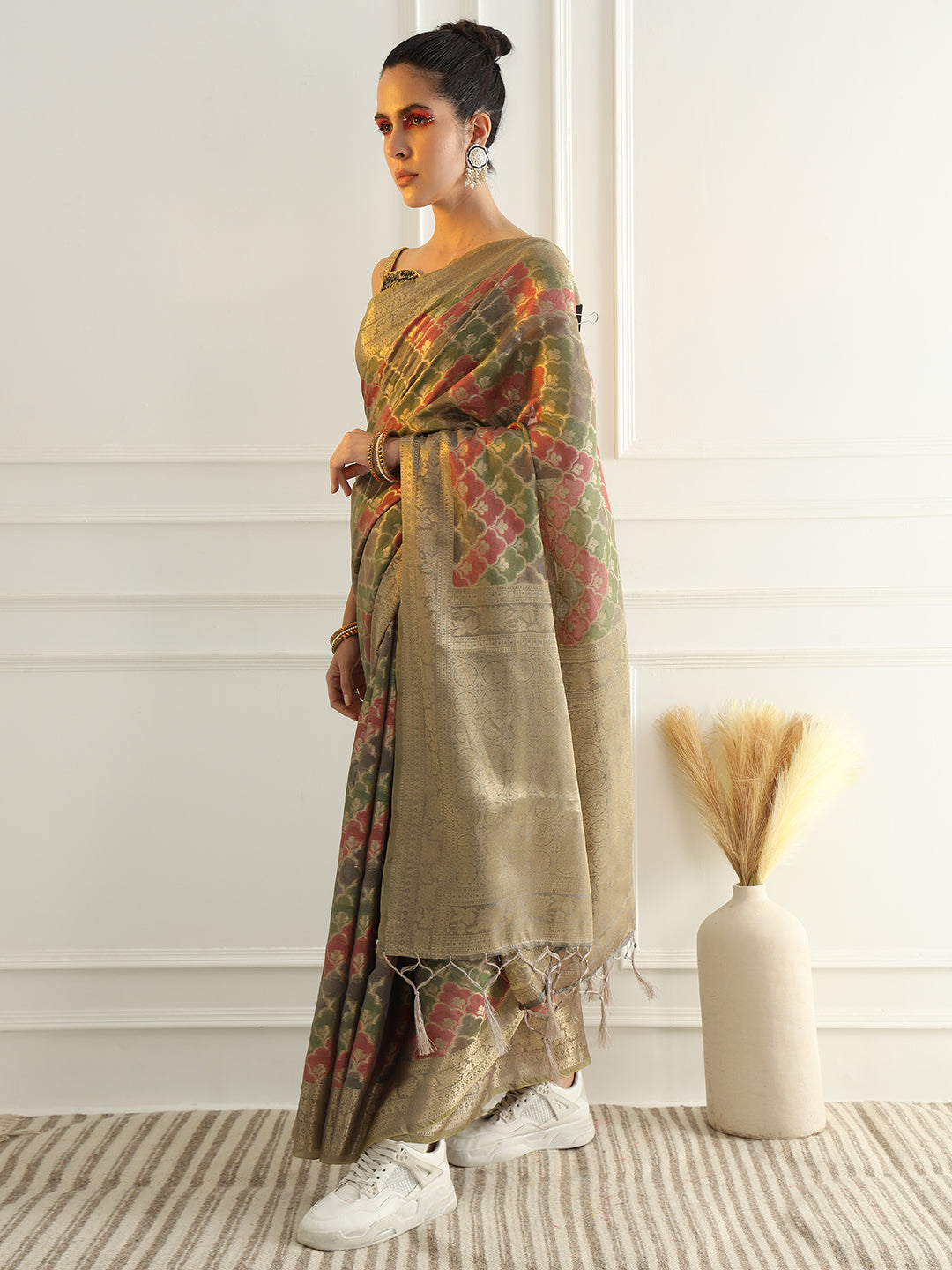 Banarasi Chanderi Saree with Multi Color Ombre style Resham Motifs