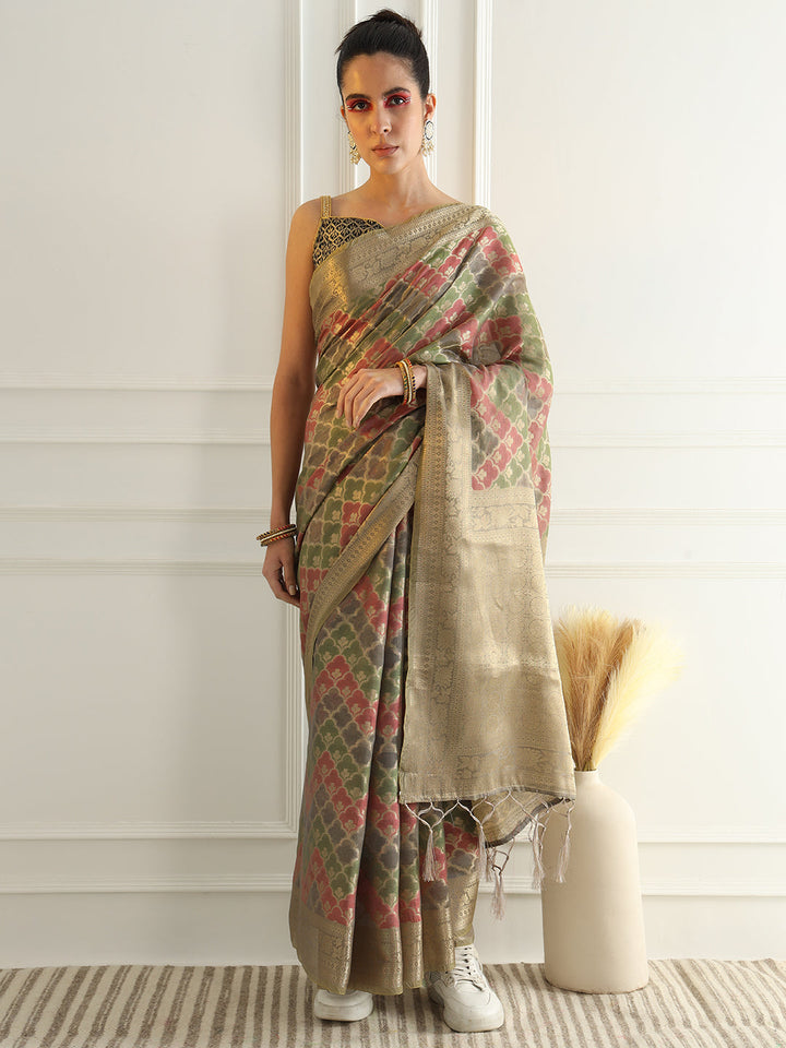 Banarasi Chanderi Saree with Multi Color Ombre style Resham Motifs