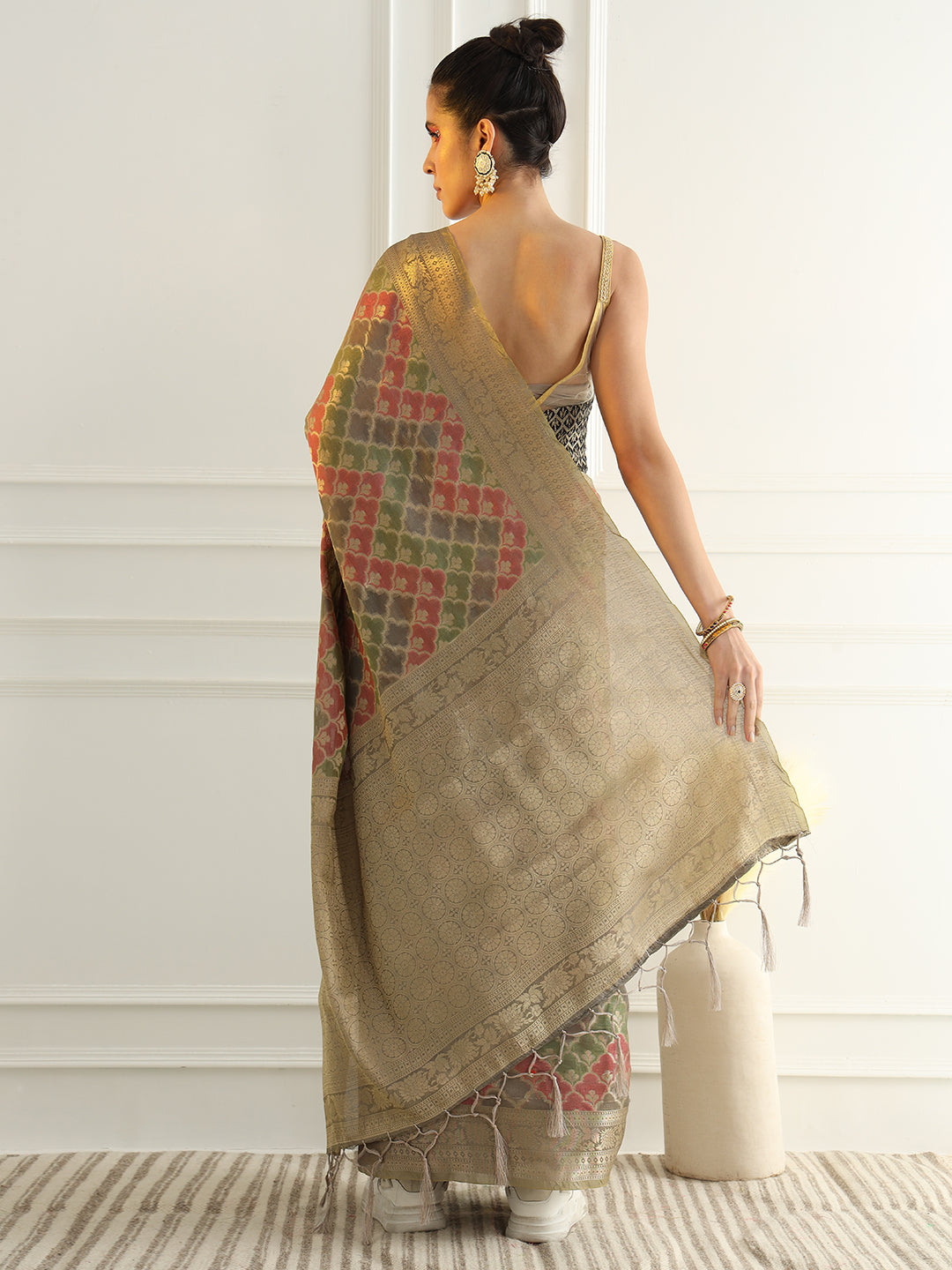 Banarasi Chanderi Saree with Multi Color Ombre style Resham Motifs