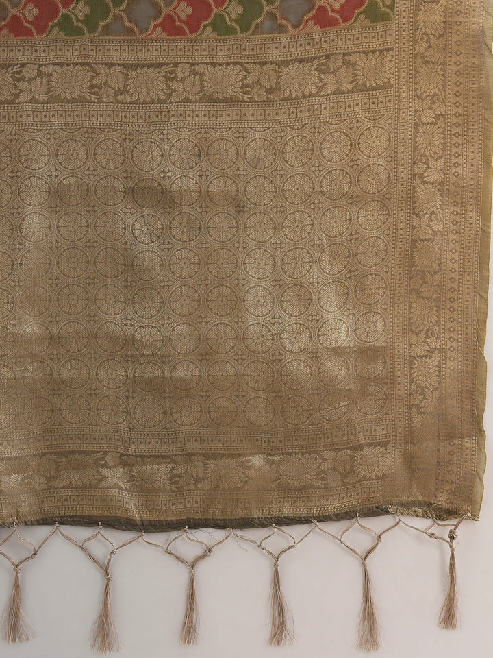 Banarasi Chanderi Saree with Multi Color Ombre style Resham Motifs