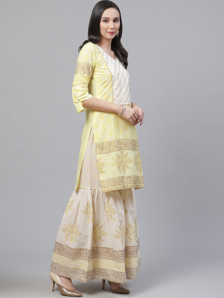 Pure Cotton Cambric Block Printing Dress Material with GottaPatti Embroidery & Sharara