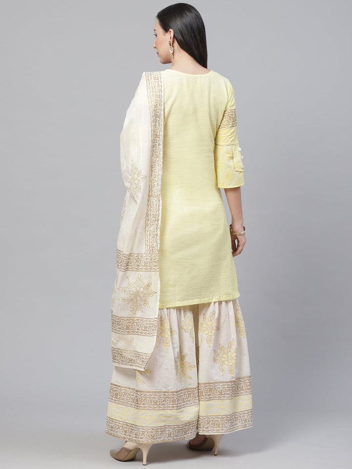 Pure Cotton Cambric Block Printing Dress Material with GottaPatti Embroidery & Sharara