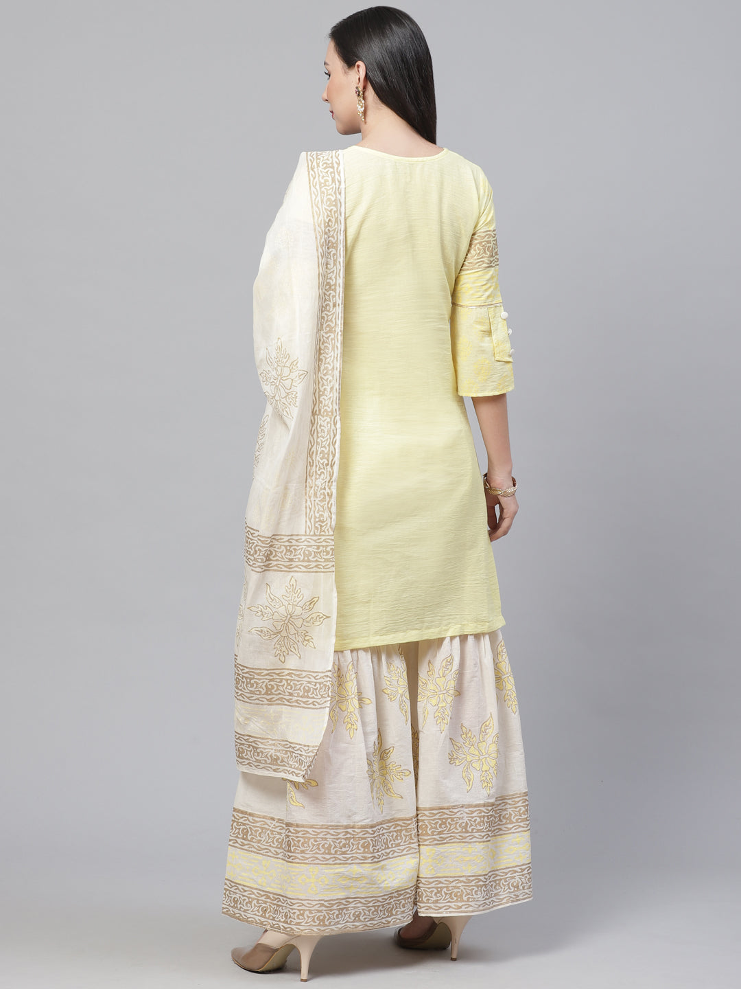 Pure Cotton Cambric Block Printing Stitched Suit with Gotta-Patti Embroidery & Sharara