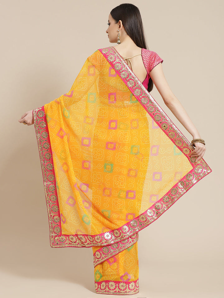 Yellow Bandhani Georgette Saree with Multicolor Gota Patti Embroidery