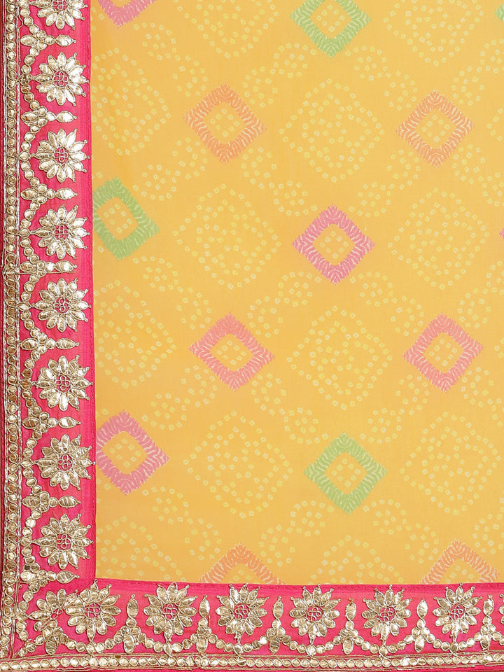Yellow Bandhani Georgette Saree with Multicolor Gota Patti Embroidery