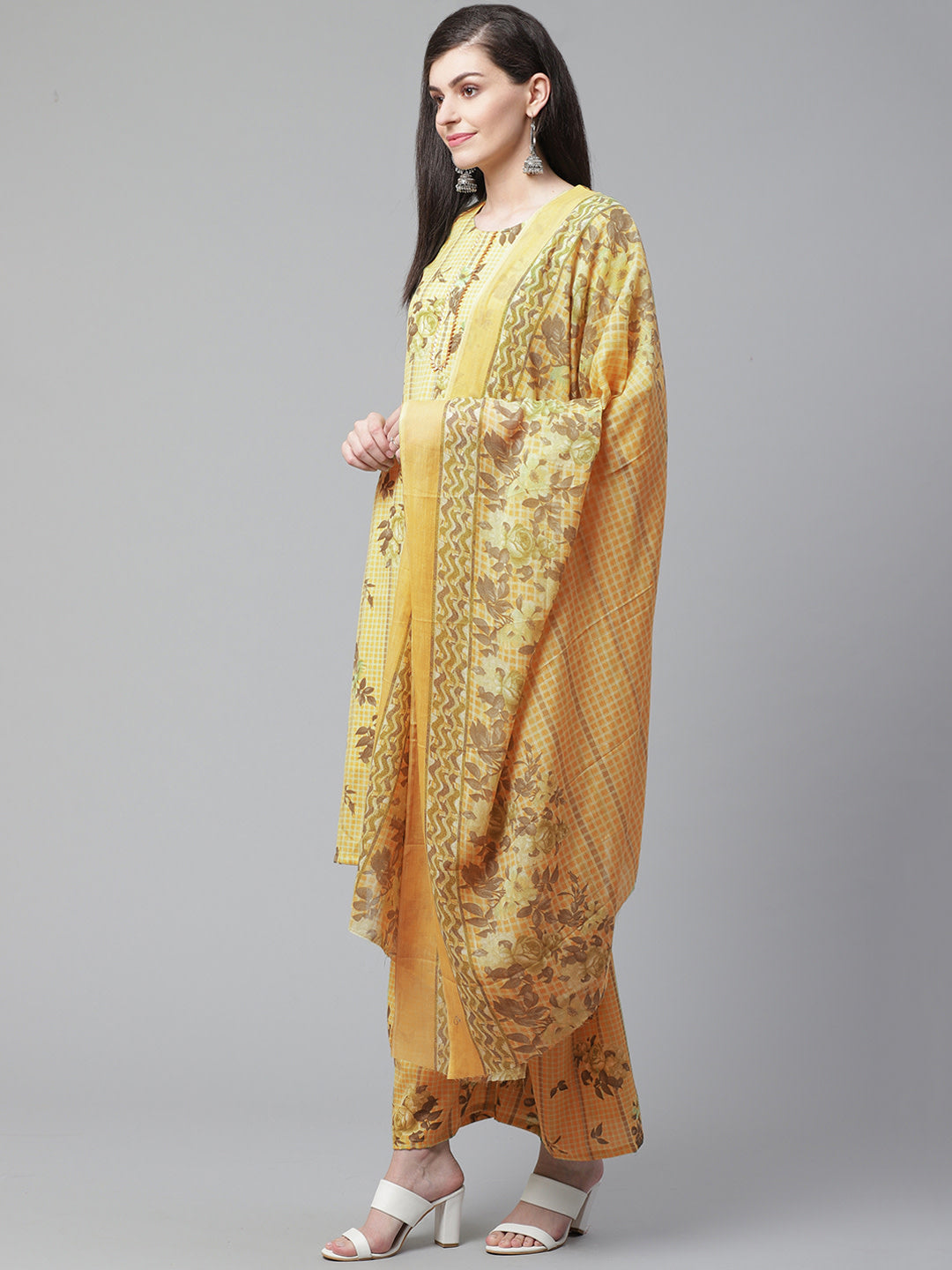 Unstitched Yellow Cotton Suit with Floral and Lace Bordered Dupatta
