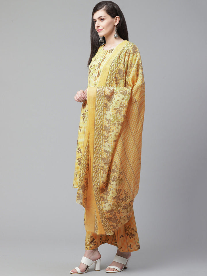 Unstitched Yellow Cotton Suit with Floral and Lace Bordered Dupatta