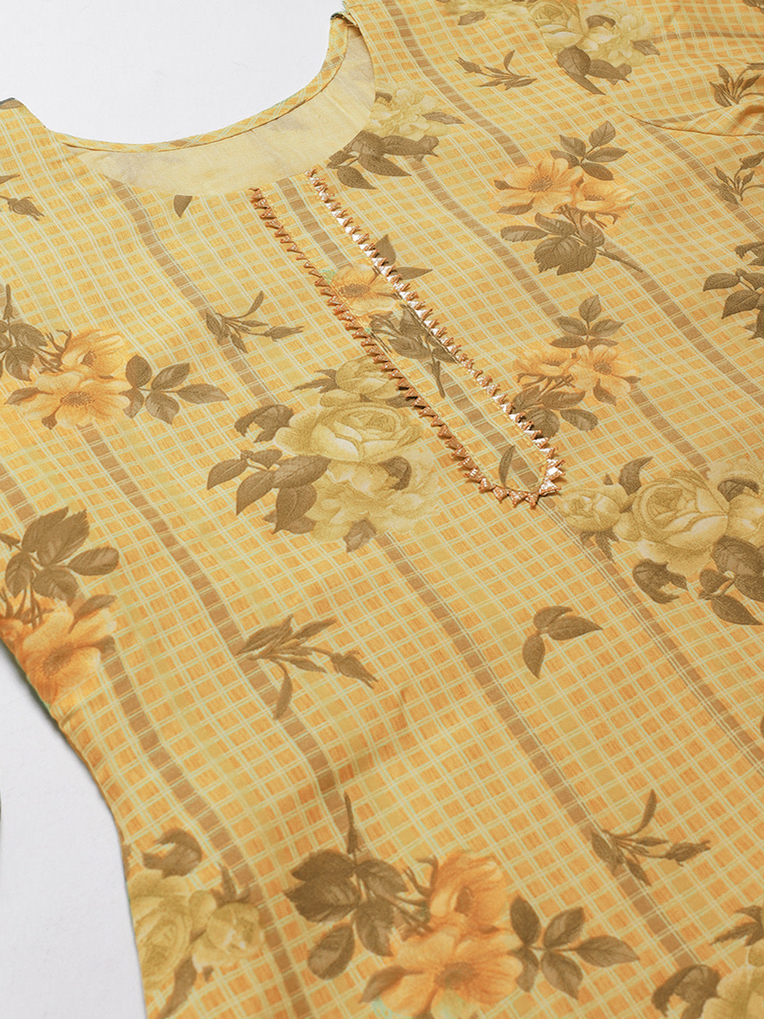 Unstitched Yellow Cotton Suit with Floral and Lace Bordered Dupatta