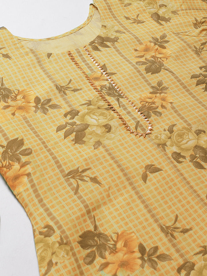 Unstitched Yellow Cotton Suit with Floral and Lace Bordered Dupatta
