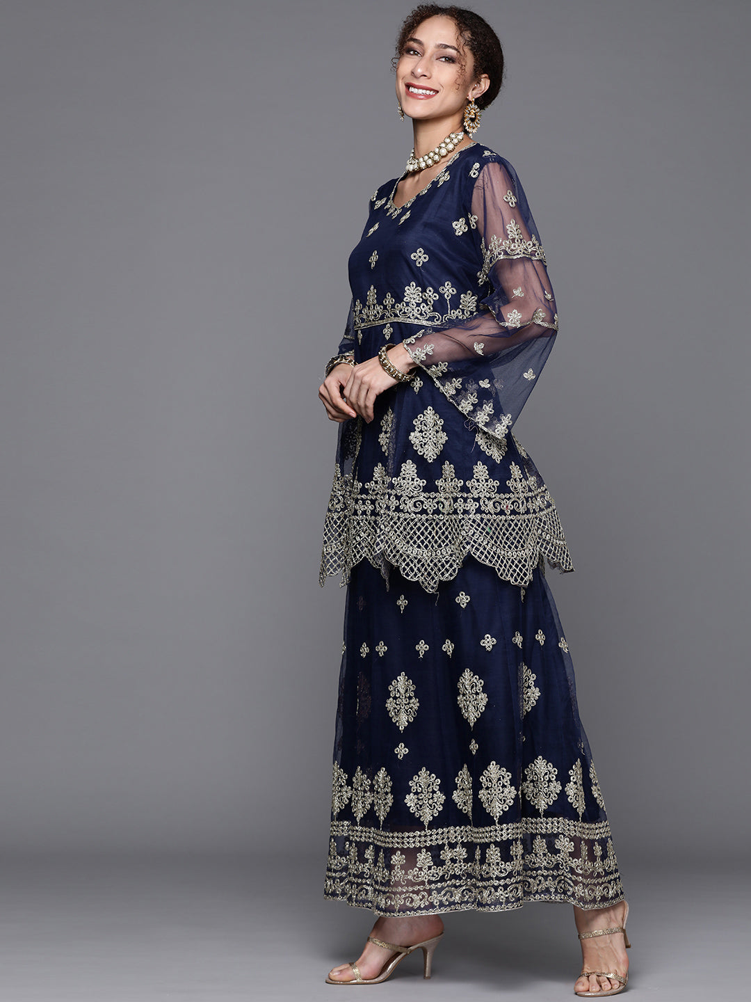 Blue Zari Embellished Floor Length Ruffled Net Gown With Dupatta
