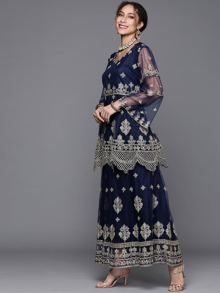 Blue Zari Embellished Floor Length Ruffled Net Gown With Dupatta