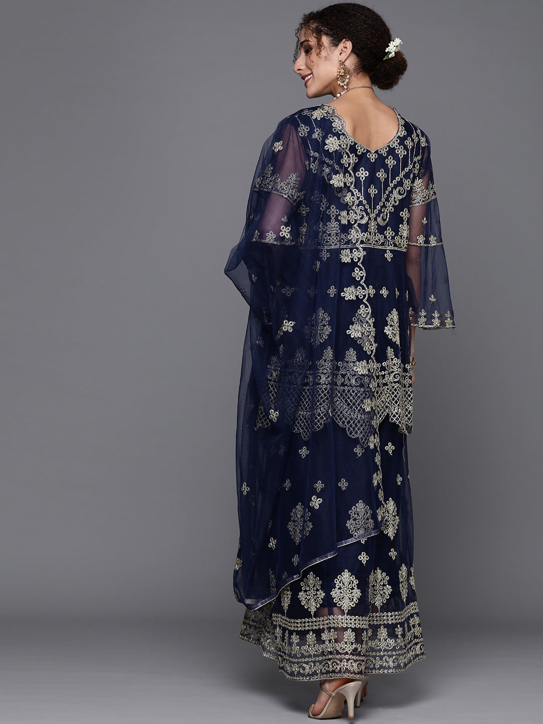 Blue Zari Embellished Floor Length Ruffled Net Gown With Dupatta