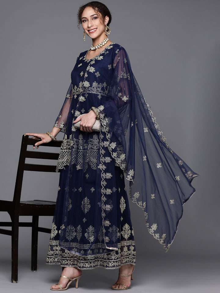 Blue Zari Embellished Floor Length Ruffled Net Gown With Dupatta