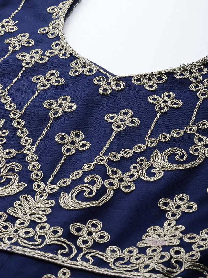 Blue Zari Embellished Floor Length Ruffled Net Gown With Dupatta