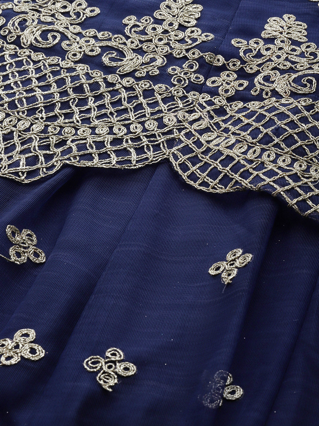Blue Zari Embellished Floor Length Ruffled Net Gown With Dupatta