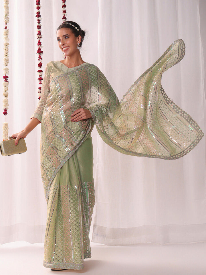 Chhabra 555 Ombre Resham Embroidered saree with Allover Sequinned Stripes and Scalloped Motifs