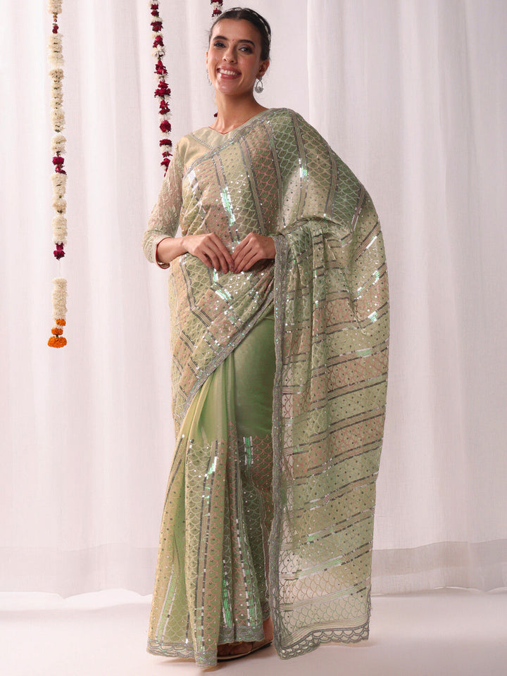 Ombre Resham Embroidered saree with Allover Sequinned Stripes