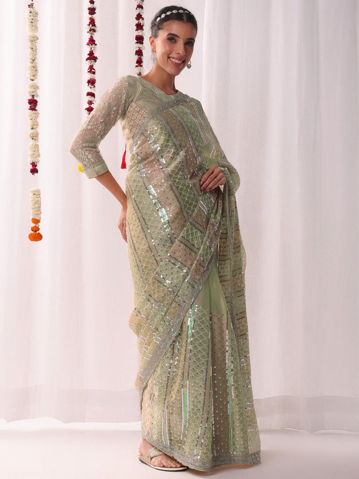 Ombre Resham Embroidered saree with Allover Sequinned Stripes