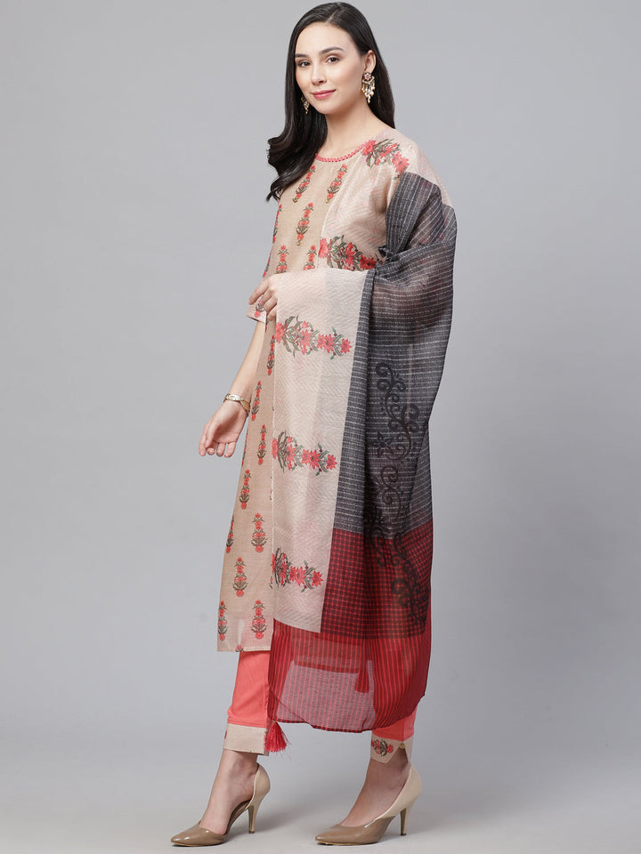 Chanderi Silk Dress Material with Digital Handloom & Indie Print with Maheshwari Dupatta