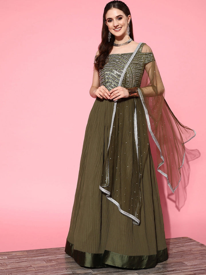 Mirror Work Embellished Pleated Georgette Gown with Sequinned Dupatta