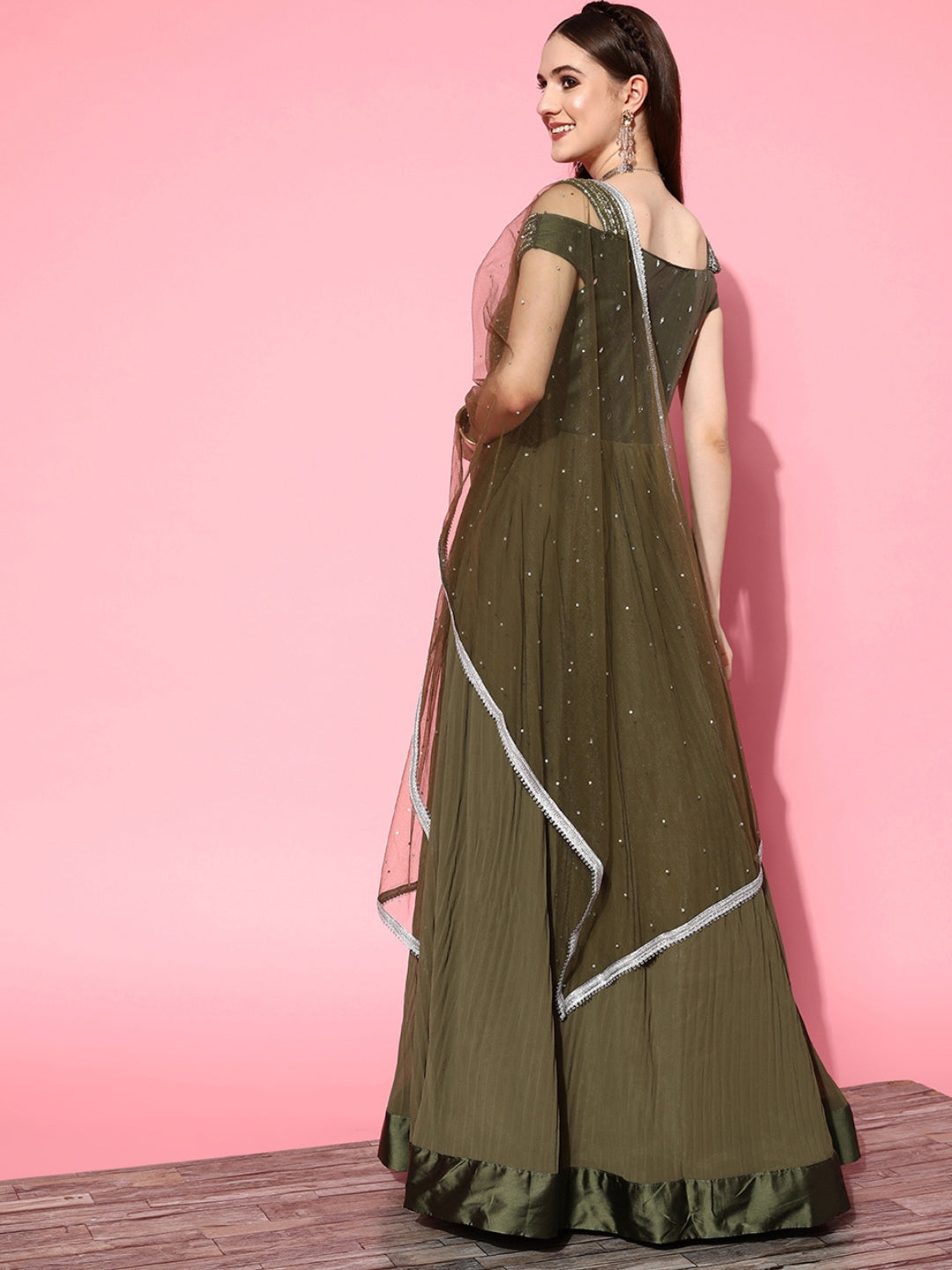 Mirror Work Embellished Pleated Georgette Gown with Sequinned Dupatta