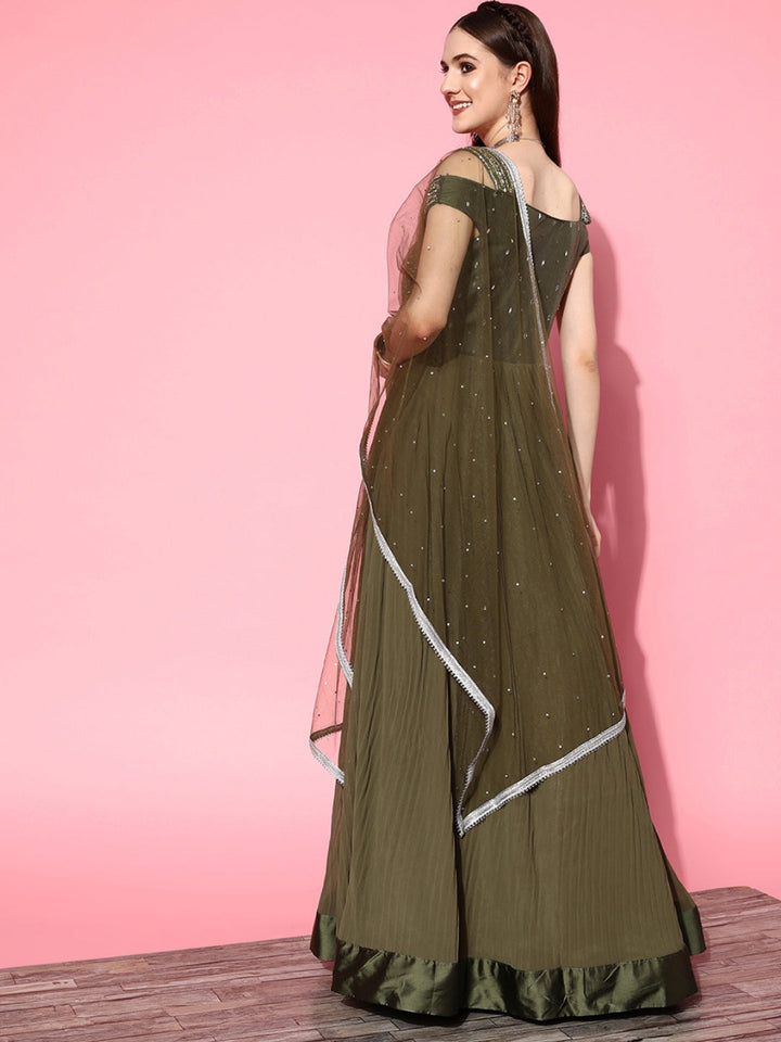 Mirror Work Embellished Pleated Georgette Gown with Sequinned Dupatta