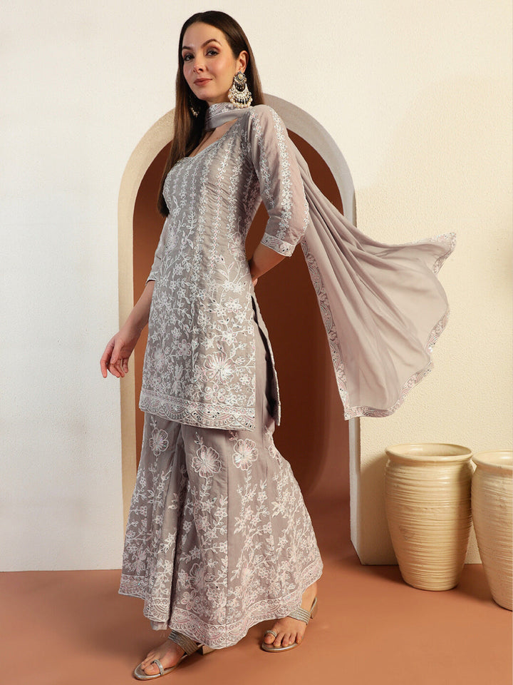 Resham & Sequin Embroidered Kurta Set with Kalidar Pallazo & Crystal Embellishments